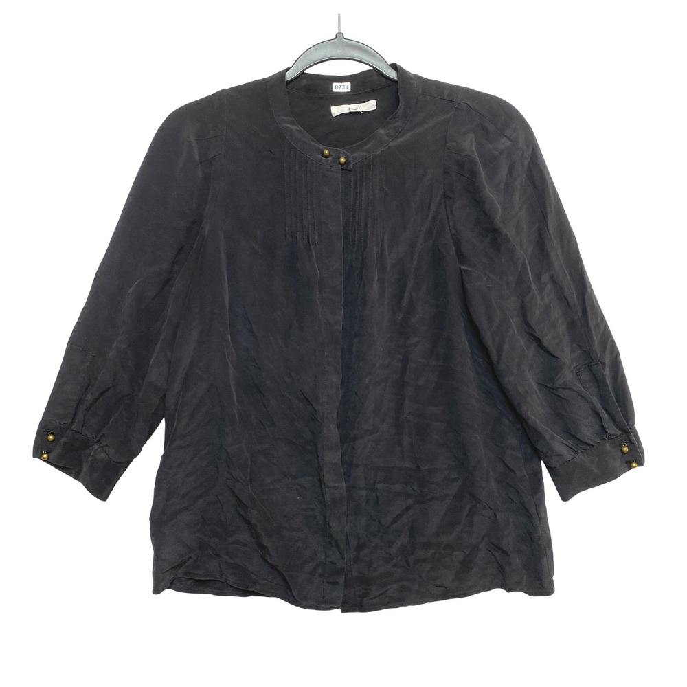 Eliot Blouse Womens Size M Black 3/4 Sleeve Brass Buttons 100% Silk Pintuck